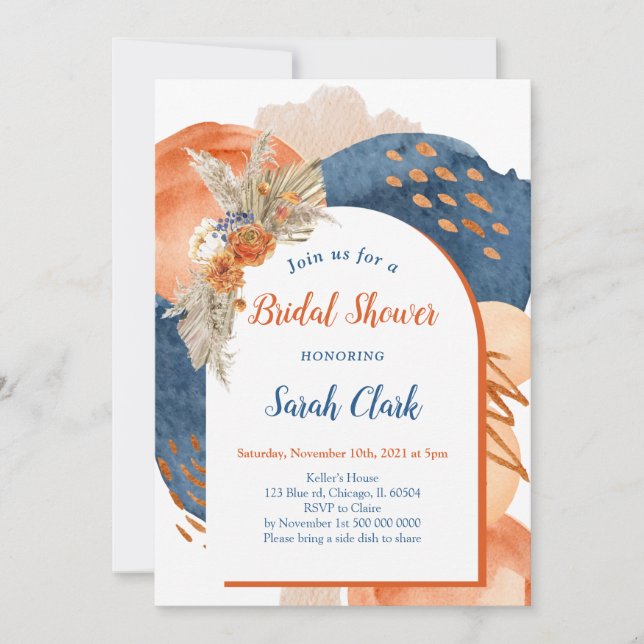 Navy Terracotta Boho Bridal Shower Invitation Inbjudningar (Framsida)