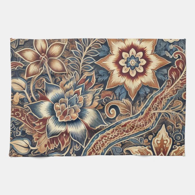 Navy Terracotta Indonesia Batik Blommigt Boho Rust Kökshandduk (Horisontell)
