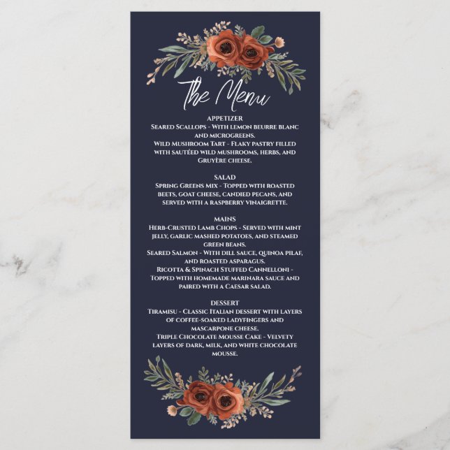 Navy Terrakotta Boho Blommig Meny (Framsida)