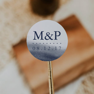 Navy Tides Bröllop Monogram Runt Klistermärke