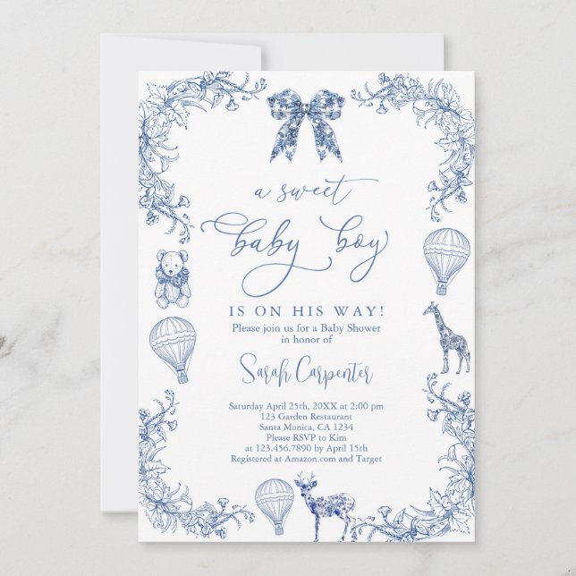 Navy Toile De Jouy Luftballong Baby Shower Boy Inbjudningar (Framsida)
