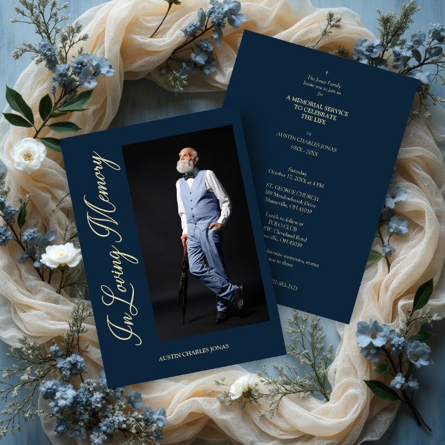 Navy Traditional Elegant Golden Effect Photo Inbjudningar (Navy Traditional & Elegant Golden Effect Photo Funeral Dear Ones Invitation with Envelope.)