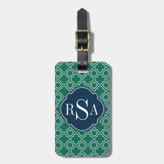Navy Triple Monogram Emerald Quatrefoil Mönster Bagagebricka (Vertikal Framsida)