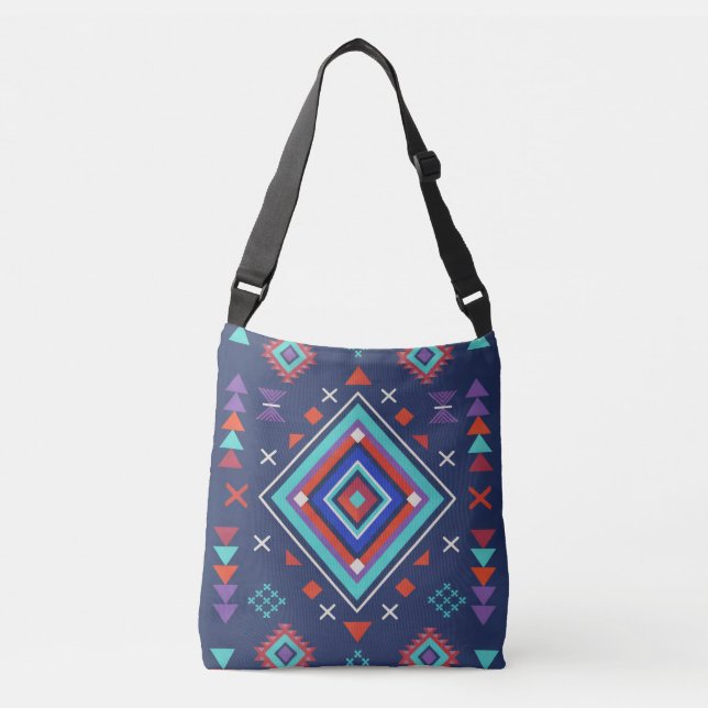 Navy Turkos Boho Geometrisk Ytmönster Axelväska (Framsida)