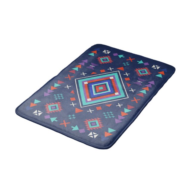 Navy Turkos Boho Geometrisk Ytmönster Badrumsmatta (Vinklad)