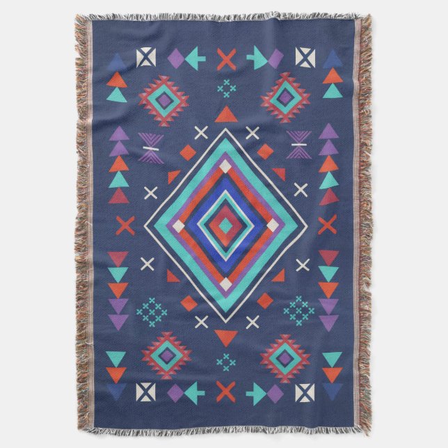 Navy Turkos Boho Geometrisk Ytmönster Filt (Framsidan Vertikal)
