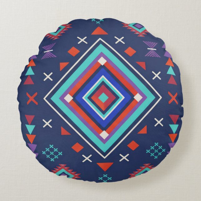 Navy Turkos Boho Geometrisk Ytmönster Rund Kudde (Framsidan)