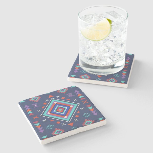 Navy Turkos Boho Geometrisk Ytmönster Stenunderlägg (Sidan)