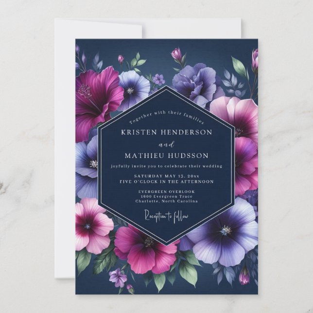 Navy Twilight Bloom Wedding Inbjudningar (Framsida)