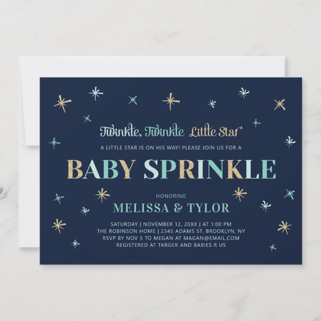 Navy Twinkle Twinkle Little Star Boy Baby Sprinkle Inbjudningar (Framsida)