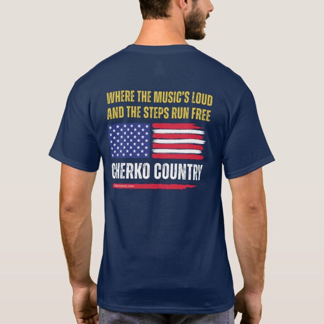 (Navy) US Flag / Musik är högt & Steg springer fri T Shirt (Baksida)