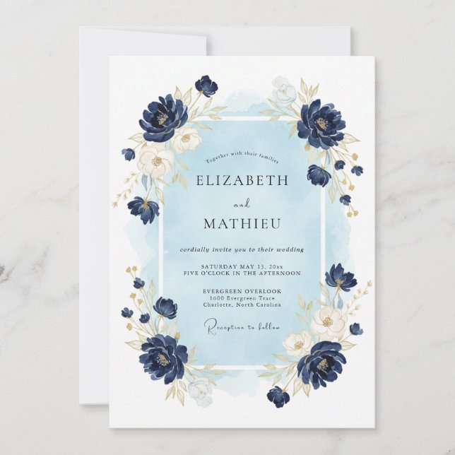 Navy utsmyckat vinterbröllop inbjudningar (Framsida)