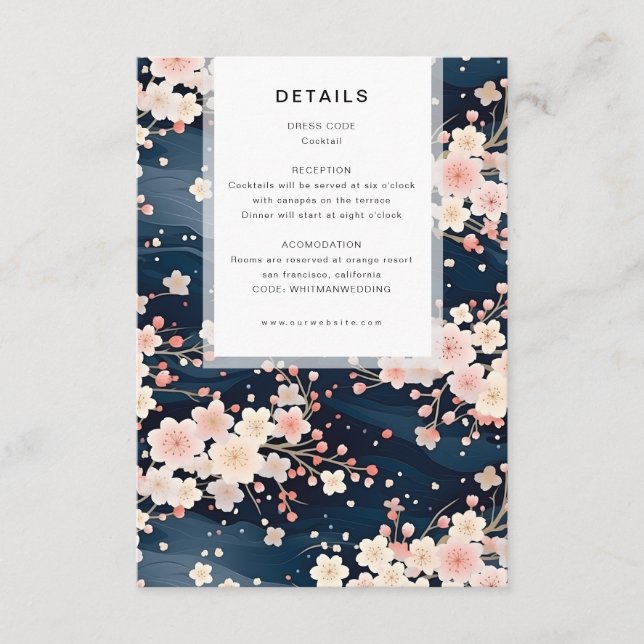 Navy Vågor Sakura Blossom Modern Bröllopsdetaljer Tilläggskort (Framsida)