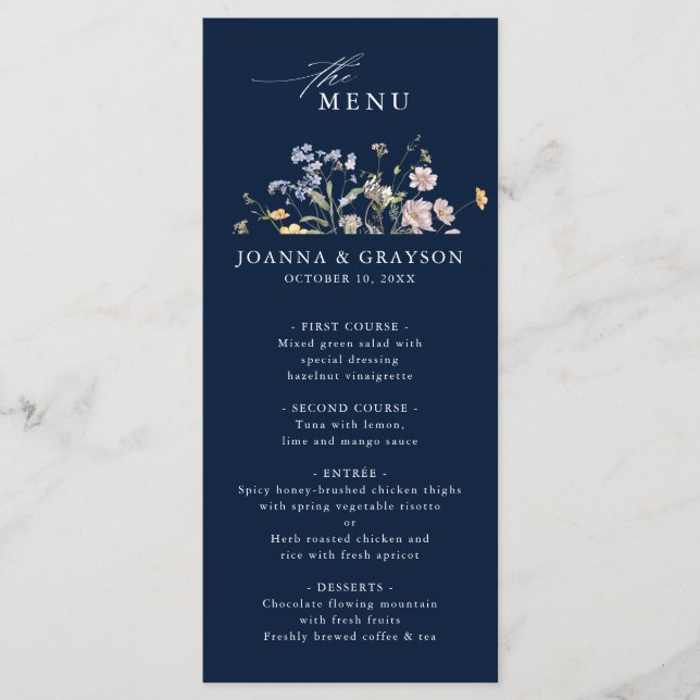 Navy Vår Wildblomor Meadow Garden WedWedding Meny (Framsida)