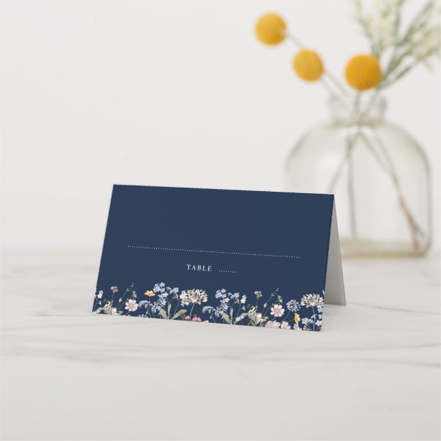 Navy Vår Wildblomor Meadow Garden WedWedding Placeringskort (Framsida)