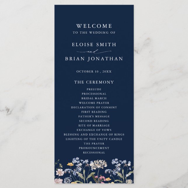 Navy Vår Wildblomor Meadow Garden WedWedding Program (Framsida)