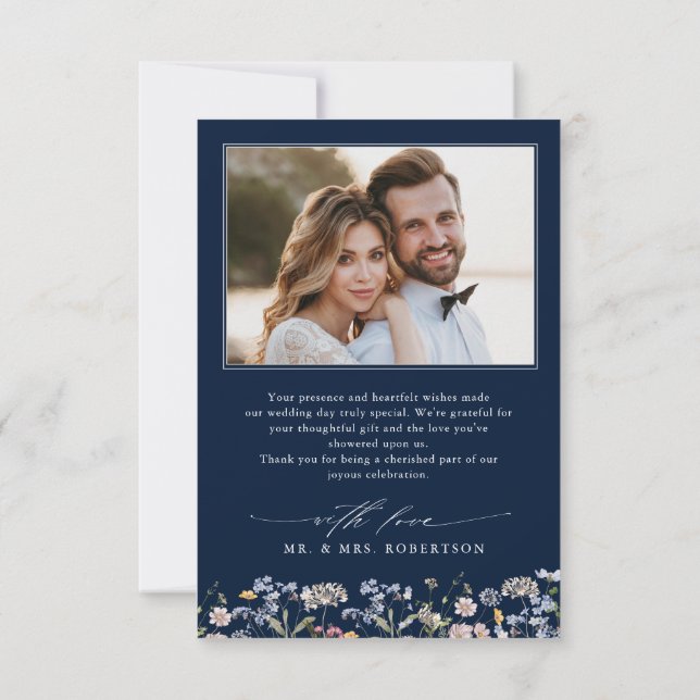 Navy Vår Wildblomor Meadow Garden WedWedding Tack Kort (Baksida)