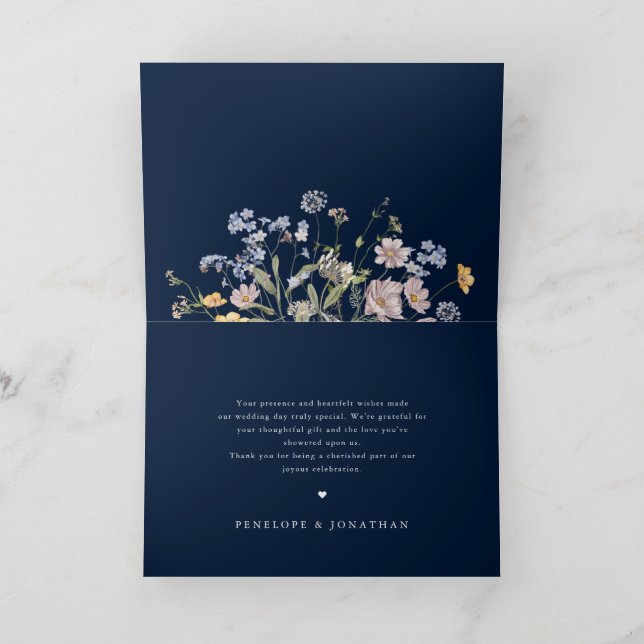 Navy Vår Wildblomor Meadow Garden WedWedding Tack Kort (Inuti)