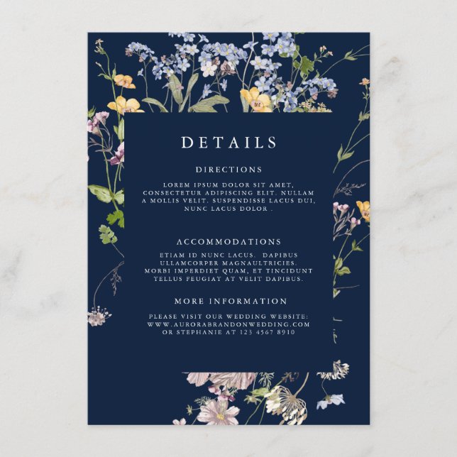 Navy Vår Wildblomor Meadow Garden WedWedding Tilläggskort (Framsida)