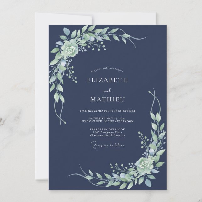 Navy Verdant Flourish Bröllop Inbjudningar (Framsida)