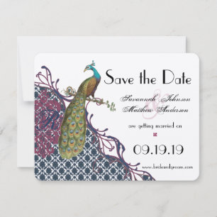 Navy & Very Berry Elegant Damask Påfågel Bröllop Spara Datumet