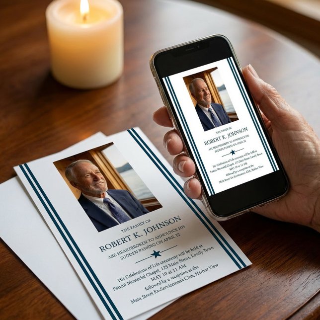 Navy Veteran Photo Digital Death Notice Funeral Inbjudningar (Death and Celebration of Life announcement - available printed or digital download for sharing)