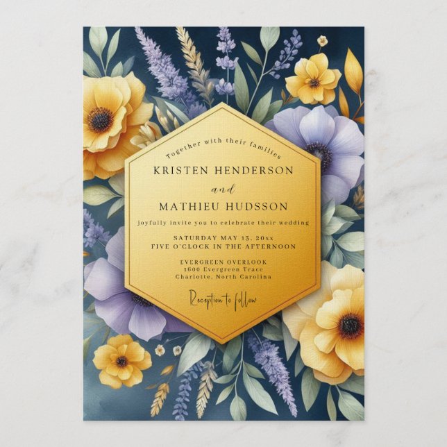 Navy Vibrant Vildblomma Bröllop Inbjudningar (Framsida)