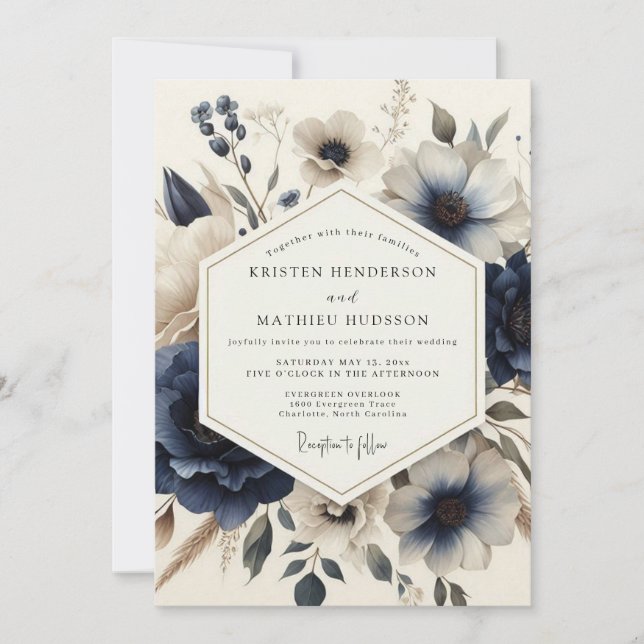 Navy Vintage Bröllopsblomma Inbjudningar (Framsida)