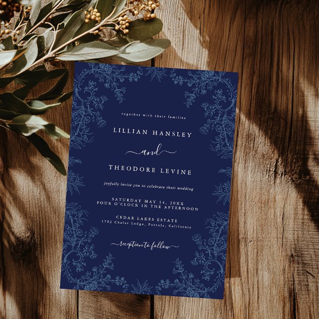 Navy Vintage Elegant Blommig Blad Bröllop   Inbjudningar (Skapare uppladdad)