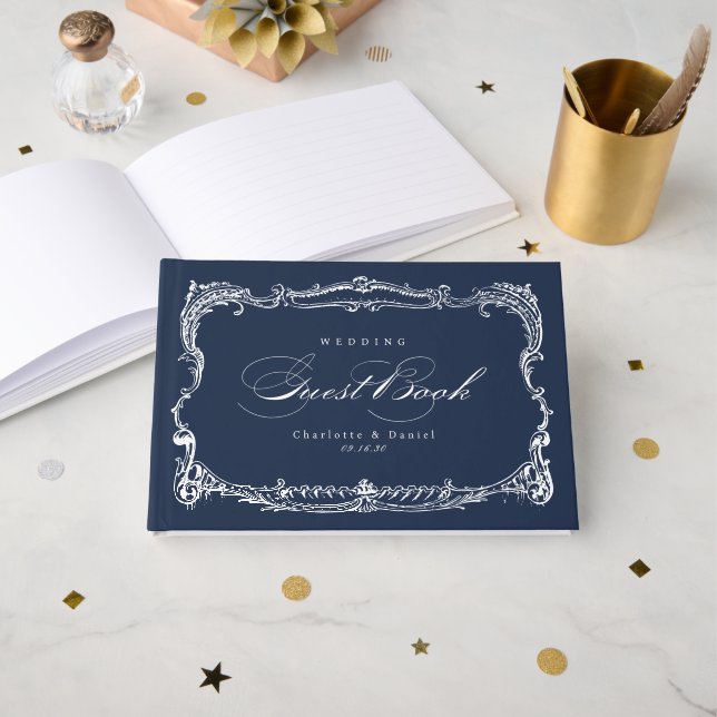 Navy Vintage Ram Klassisk Script bröllop. Gästböcker (Framsida öppen)