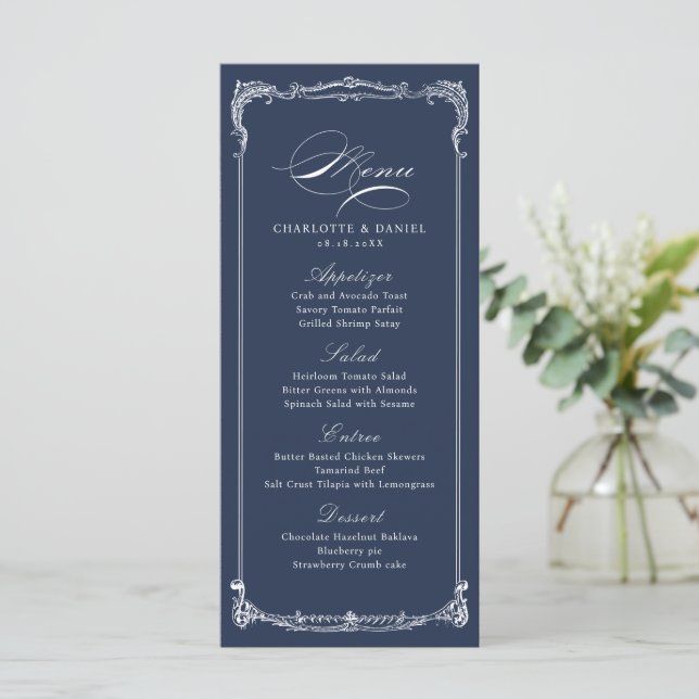 Navy Vintage Ram Klassisk Script Bröllopsmeny  Meny (Stående Fram)