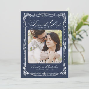 Navy Vintage Ram Klassisk Script Foto Bröllop Spara Datumet