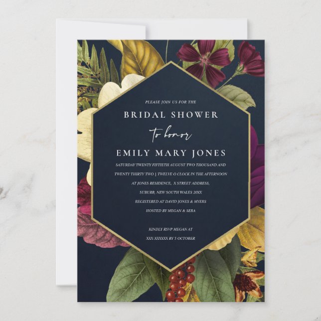 NAVY VINTAGE RETRO BURGUNDY BLOMMIGT MÖHIPPA INBJUDNINGAR (Framsida)