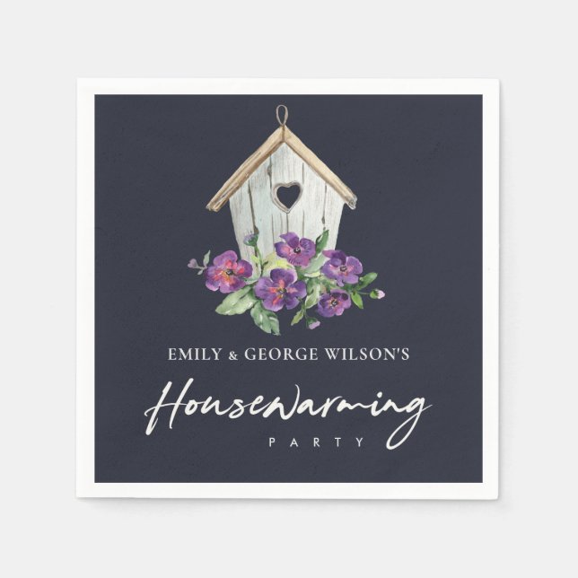 NAVY VIOLET BLOMMIGT BIRD HOUSE HOUSEWARMING PARTY PAPPERSSERVETT (Framsidan)