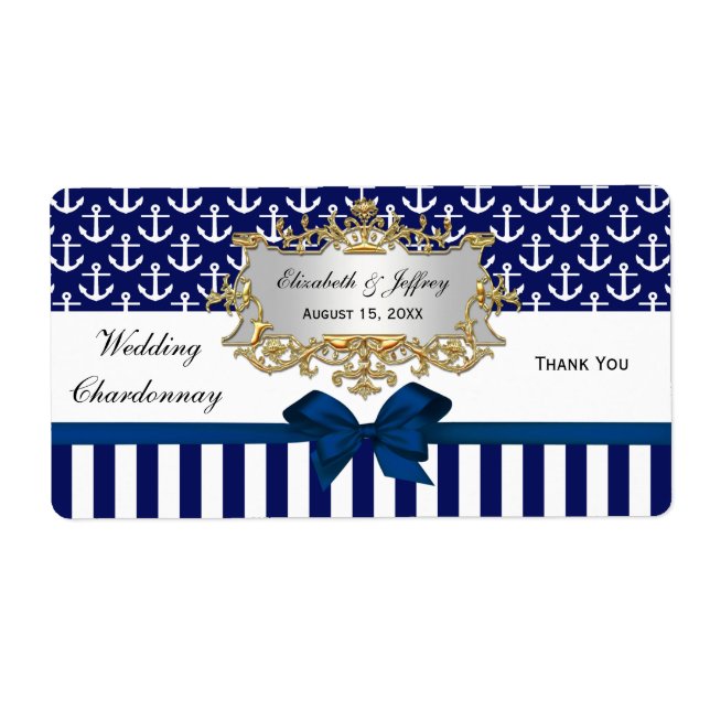 Navy Vit Ankar Rand Navy Bow Party Vin Etikett Fraktsedel (Framsidan)