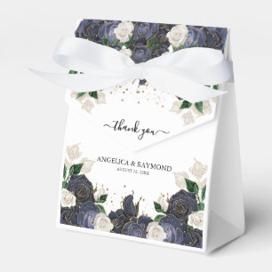 Navy & Vit Blommig Elegant Bröllop Tack Kort Presentaskar