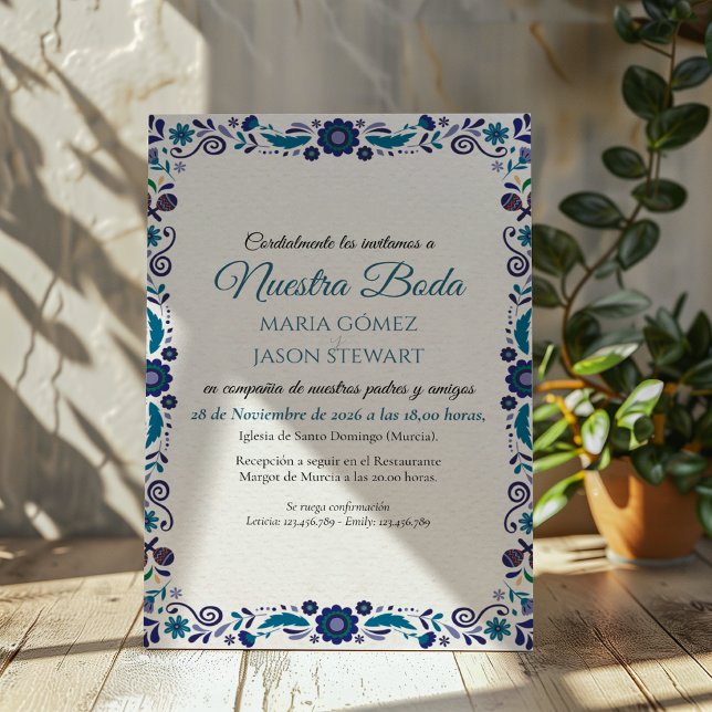 Navy Vit Blommig Elegant Klassisk Spansk Bröllop Inbjudningar (Navy White Floral Elegant Classic Spanish Wedding Invitation)