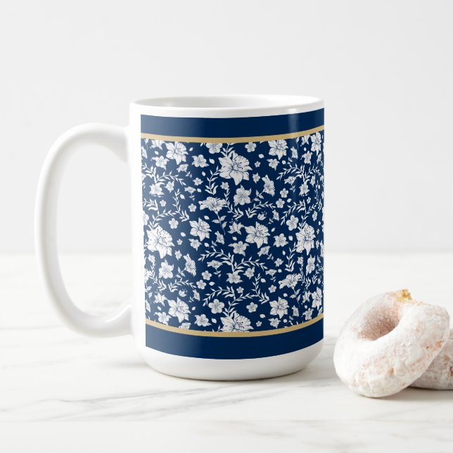 Navy Vit Blommig Mugg (Med munk)