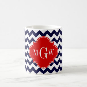 Navy Vit Chevron Röd Quatrefoil 3 Monogram Kaffemugg