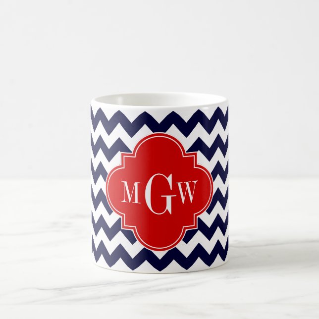 Navy Vit Chevron Röd Quatrefoil 3 Monogram Kaffemugg (Center)
