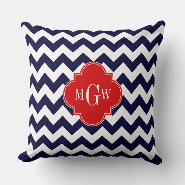 Navy Vit Chevron Röd Quatrefoil 3 Monogram Kudde (Framsida)