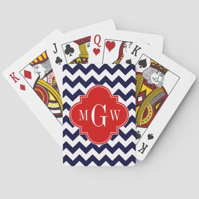 Navy Vit Chevron Röd Quatrefoil 3 Monogram Spel Kort (Baksidan)
