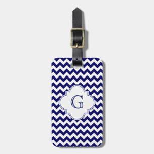 Navy Vit Chevron Vit Quatrefoil Monogram Bagagebricka