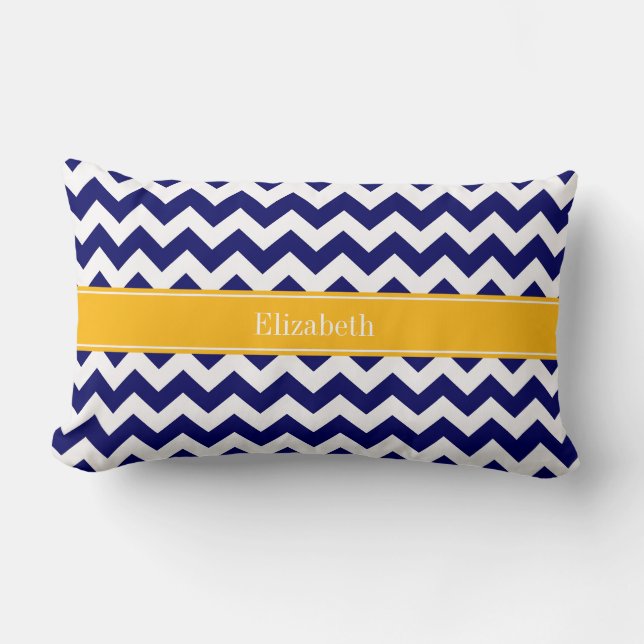 Navy Vit Chevron ZigZag Gulbrun Namnmonogram Lumbarkudde (Framsida)