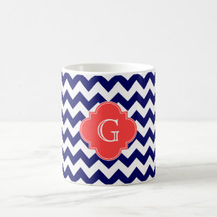 Navy Vit Chevron Zigzag Korall Fyrklöver Monogram Kaffemugg