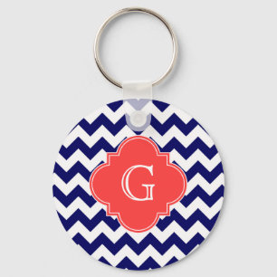 Navy Vit Chevron Zigzag Korall Fyrklöver Monogram Nyckelring
