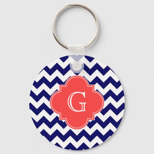 Navy Vit Chevron Zigzag Korall Fyrklöver Monogram Nyckelring (Framsida)