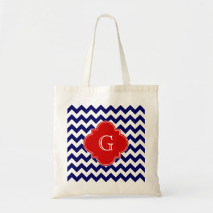 Navy Vit Chevron ZigZag Röd Quatrefoil Monogram Tygkasse