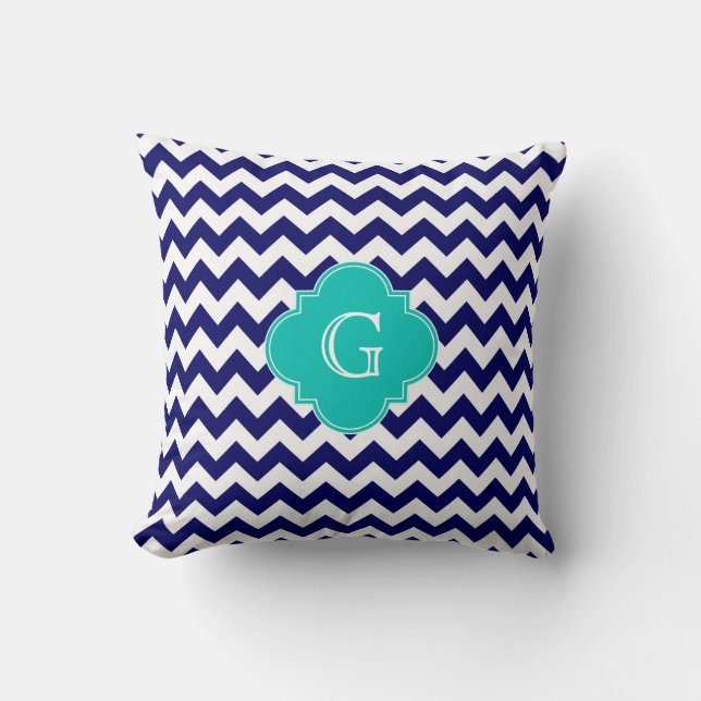 Navy Vit Chevron ZigZag Teal Fyrklöver Monogram Kudde (Framsida)