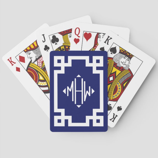Navy Vit Diamant Monogram-teckensnitt Grekisk Nyck Casinokort (Baksidan)